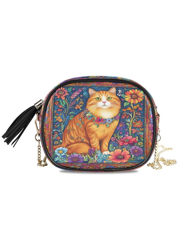 Womens Casual Chain Shoulder Bag Simple style Orange Cat Painting Crossbody Bag