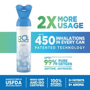 gO2Therapy Original Pure Oxygen Canister, 99% Pure Oxygen, 12 Liters, Up to 450 Inhalations, Portable Breathing Support for Workouts, Sports, Travel