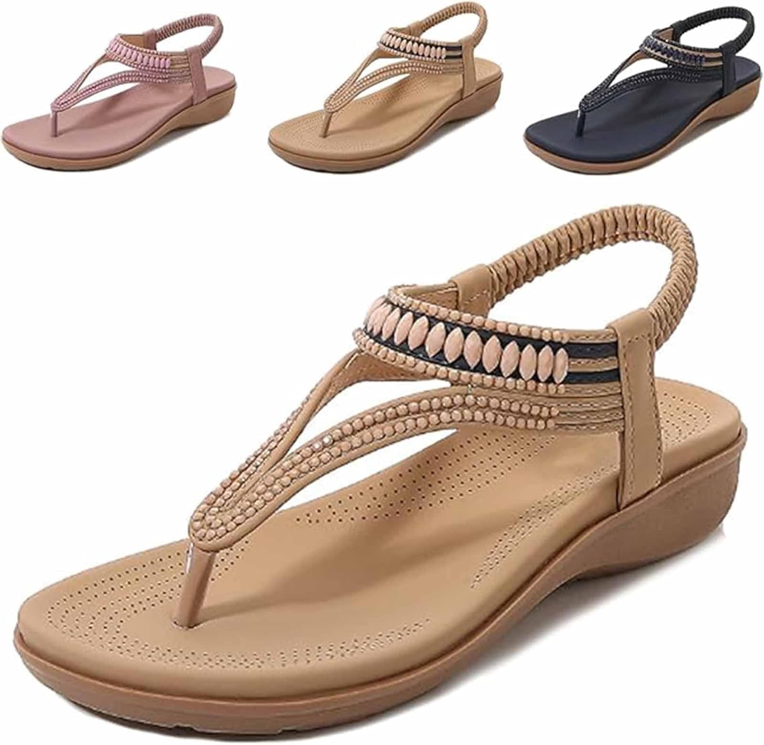 Liora T-Strap Flat Sandals For Women Beading Heart Charm Supportive Footbed Braided Comfort