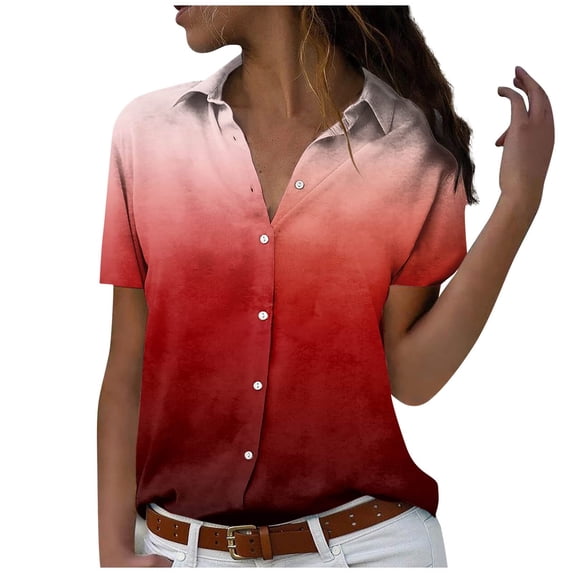 gakvbuo Summer Button-Up Shirts for women Button Down Tops Women Short Sleeve V-Neck Lapel Print Blouses Summer Casual Plus Size Tops