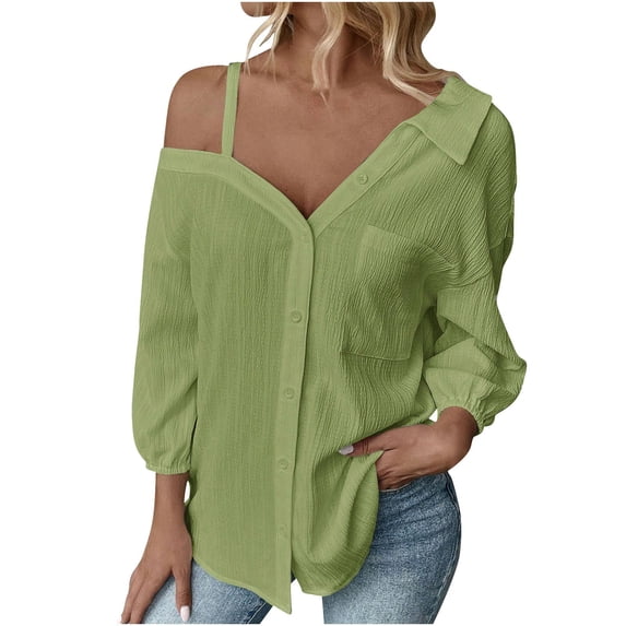 gakvbuo Women Button Down Shirt Button-Up Shirts Women'S Summer Collared Quarter Sleeved Off-Shoulder Tops