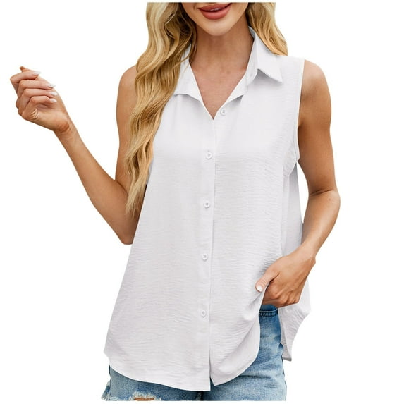 gakvbuo Women Summer Tank Button-Up Shirt Women'S Casual Solid Color Lapel Button Up Sleeveless Summer Tops