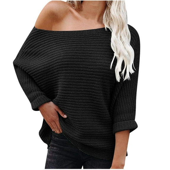 gakvbuo 2023 Fall Winter Women'S Off Shoulder Sweaters Batwing 3/4 Sleeve Casual Loose Fit Solid Knit Pullover Jumper