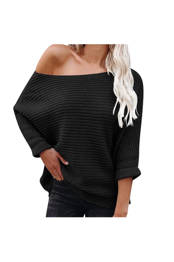 2023 Fall Winter Women'S Off Shoulder Sweaters Batwing 3/4 Sleeve Casual Loose Fit Solid Knit Pullover Jumper