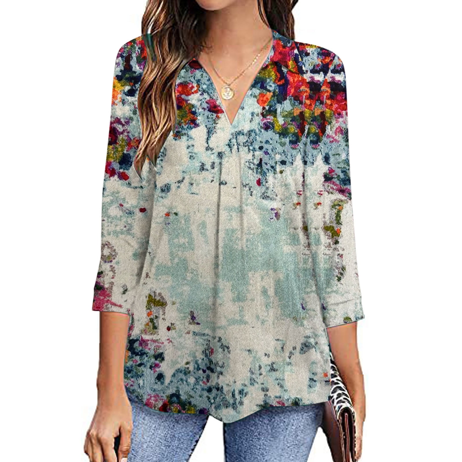 Women's 3/4 Sleeve Floral Print Blouse - Loose Fit Casual Plus Size Top, Crewneck Tee