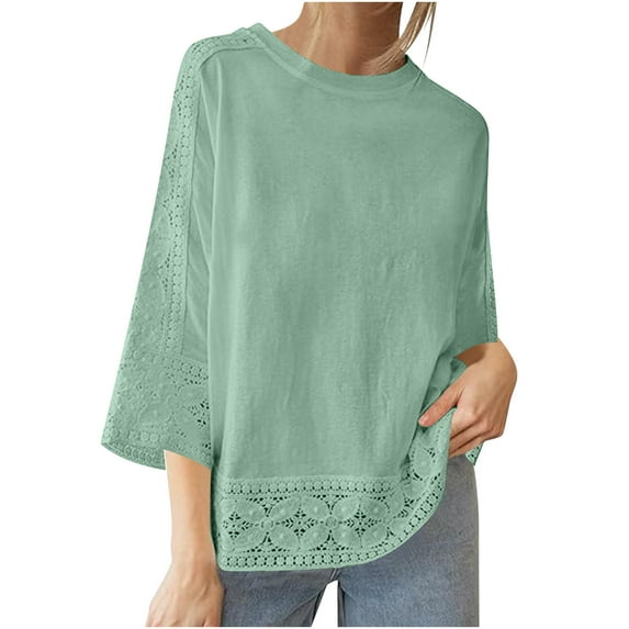gakvbuo 3/4 Sleeve Lace Top For Womens Summer Tunic Blouse Shirt Crew Neck Solid Color Casual Top