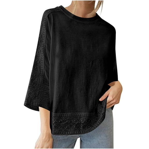 gakvbuo 3/4 Sleeve Lace Top For Womens Summer Tunic Blouse Shirt Crew Neck Solid Color Casual Top