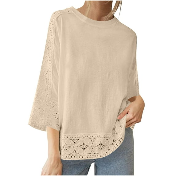 gakvbuo 3/4 Sleeve Lace Top For Womens Summer Tunic Blouse Shirt Crew Neck Solid Color Casual Top