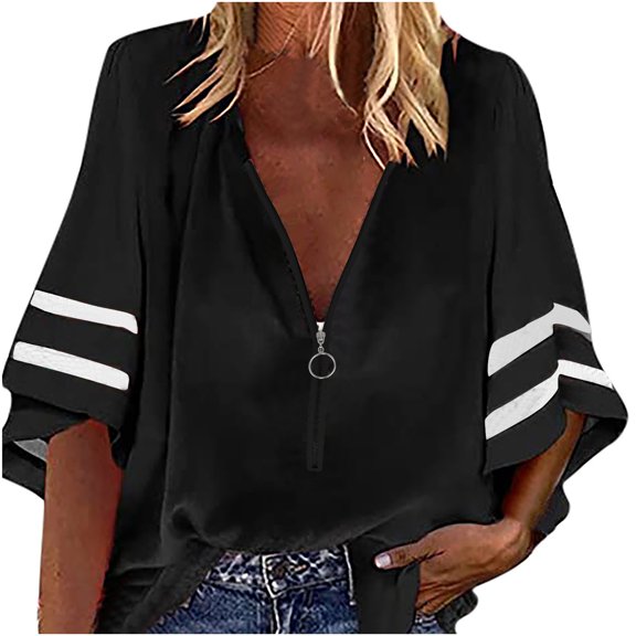 gakvbuo 3/4 Sleeve Pullover Sweaters For Women Plus Size Summer Tunic Tops Casual Dressy Lightweight Work Shirts Women V-Neck Solid Zip Front Blouse Lantern Mesh Sleeve Loose Casual Top Shirts