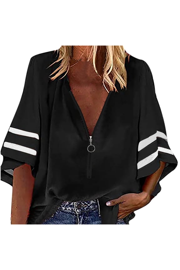 3/4 Sleeve Pullover Sweaters For Women Plus Size Summer Tunic Tops Casual Dressy Lightweight Work Shirts Women V-Neck Solid Zip Front Blouse Lantern Mesh Sleeve Loose Casual Top Shirts