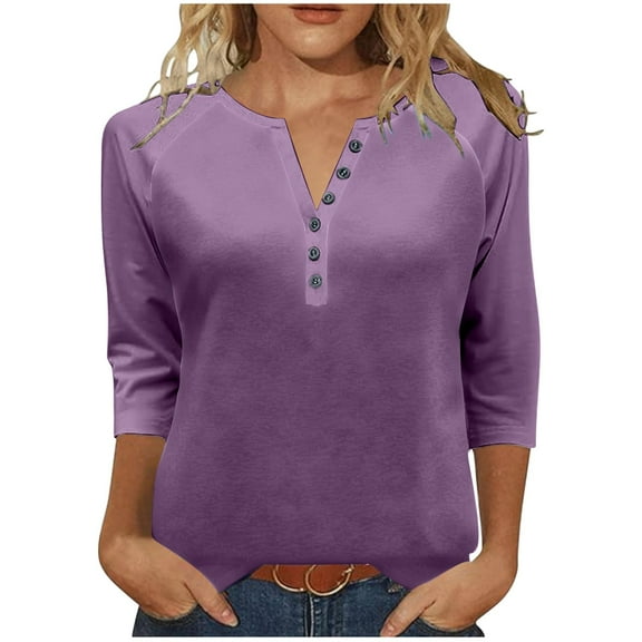 gakvbuo 3/4 Sleeve Pullover Tops Henley Shirts for Women's Tops Dressy Casual Tunic Blouses Button Up V-Neck Button-Down Shirts Trendy Business Work Blouses Outfit Basic Tees