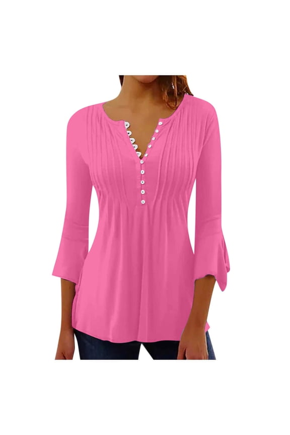 3/4 Sleeve Tops For Women Buttons Up Tunic Tops V-Neck Pleated Ruffle Flare Sleeve Button Shirts Tunic Tops Blouses Cute Spring Summer Top Dressy Casual Work Shirts