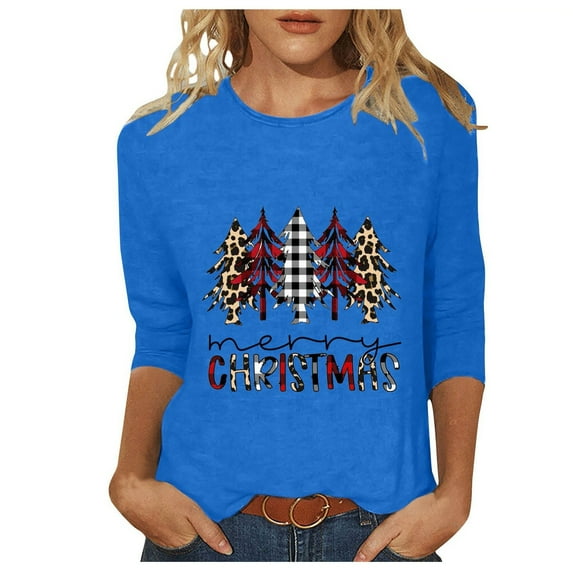 gakvbuo 3/4 Sleeve Tunic Tops For Women Women's Fashion Christmas Printed T-shirt 3/4 Sleeves Blouse Round Neck Casual Tops