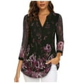 thumbnail image 1 of gakvbuo 3/4 Sleeve Tunics Tops For Womens Floral Blouses Shirts Double Layers V Neck Dressy Blouses Loose Fit Pleated Mesh Shirts, 1 of 4