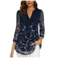 thumbnail image 1 of gakvbuo 3/4 Sleeve Tunics Tops For Womens Floral Blouses Shirts Double Layers V Neck Dressy Blouses Loose Fit Pleated Mesh Shirts, 1 of 4