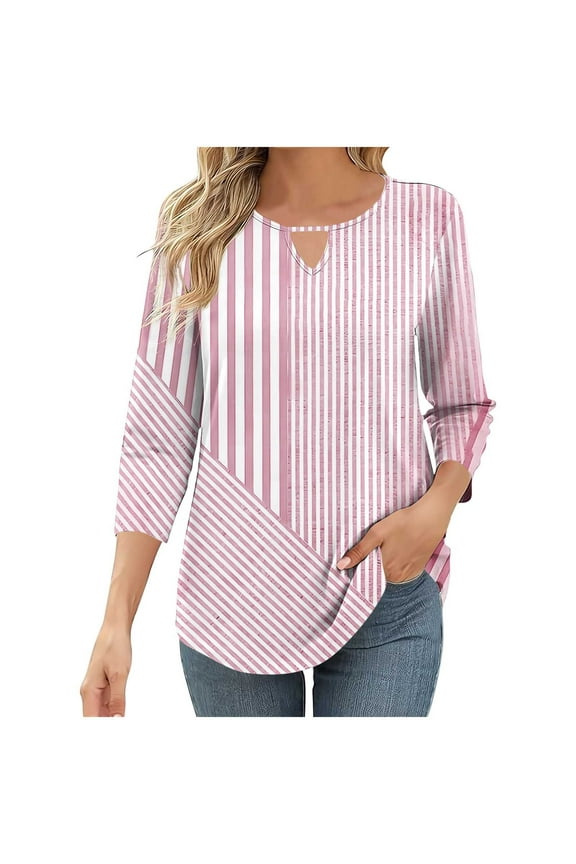 3/4 Sleeve tops for Women Keyhole Neck summer Tunic tops Solid Color Round Neck Loose T-shirt