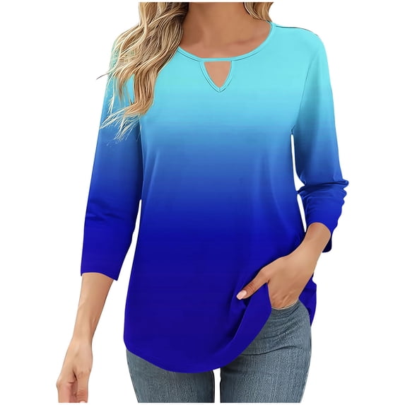gakvbuo 3/4 Sleeve tops for Women Keyhole Neck summer Tunic tops Solid Color Round Neck Loose T-shirt