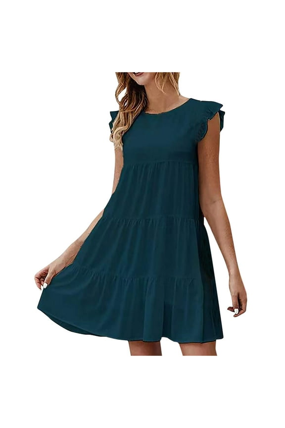 Babydoll Tiered Mini Dress For Women Plus size Skirt Casual Short Mini T-Shirt Dress Ruffles Boho Dress Round Neck Sleeveless Pleated Tunic Dress