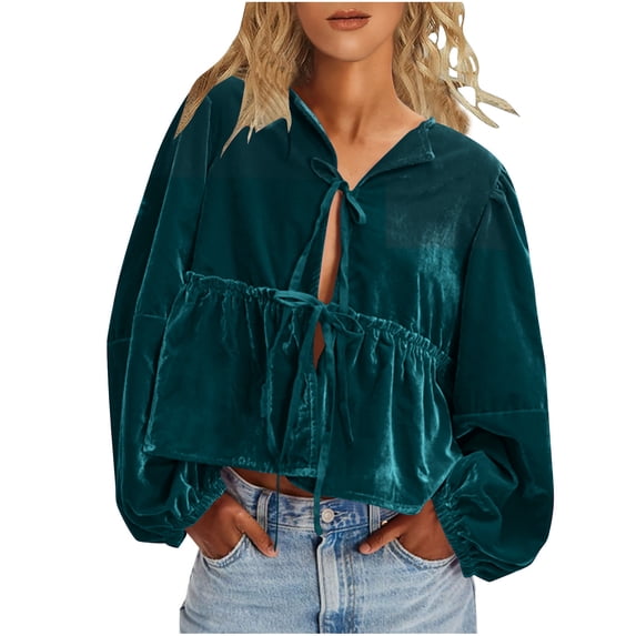 gakvbuo Bow Tie Front Long Sleeve Velvet Blouse for Women Tops Vintage V Neck Ruffle Hem Peplum Shirts Loose Cute Open Front Tops T-Shirt