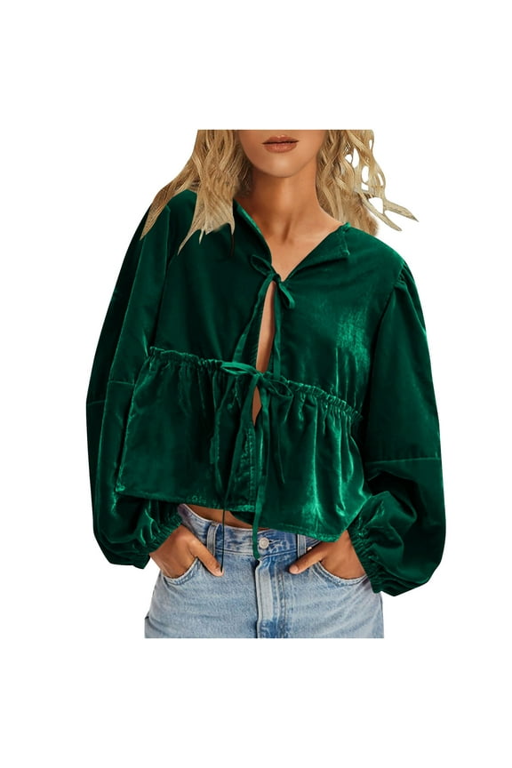 Bow Tie Front Long Sleeve Velvet Blouse for Women Tops Vintage V Neck Ruffle Hem Peplum Shirts Loose Cute Open Front Tops T-Shirt
