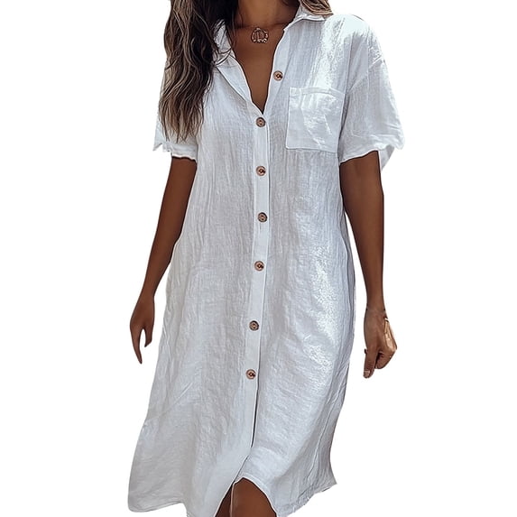 gakvbuo Button Down Shirt Dress For Women Short Sleeve Summer Dress Solid Color Casual Short Dress