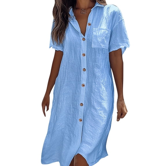 gakvbuo Button Down Shirt Dress For Women Short Sleeve Summer Dress Solid Color Casual Short Dress