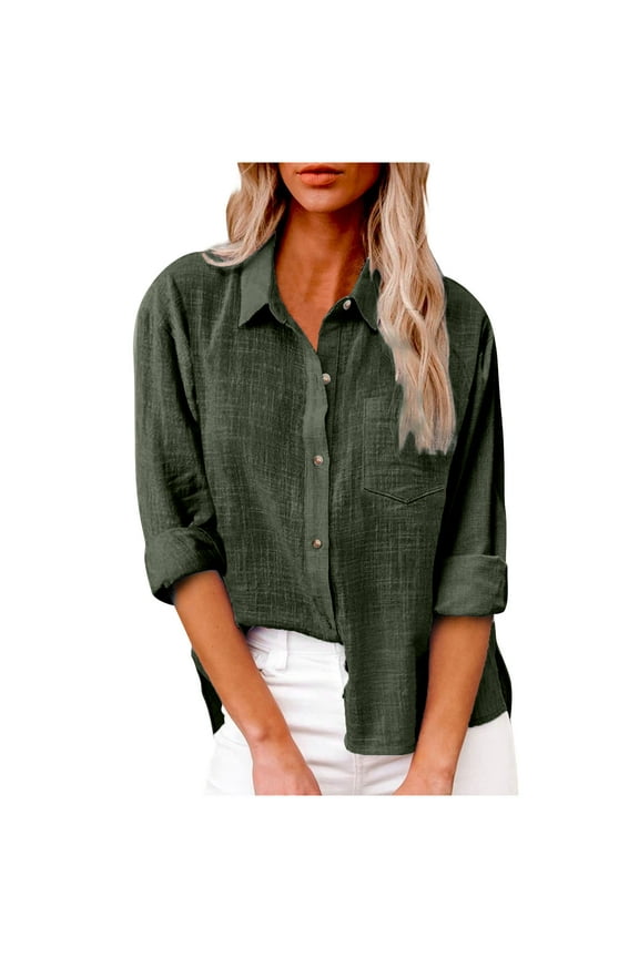 Plus Size Cotton Linen Tops Button Down Shirts for women Roll up Long Sleeve Casual Summer Fall Cardigan Blouses lapel Collared Button Up Shirts for Women V-Neck work Tunic Tops With Pockets