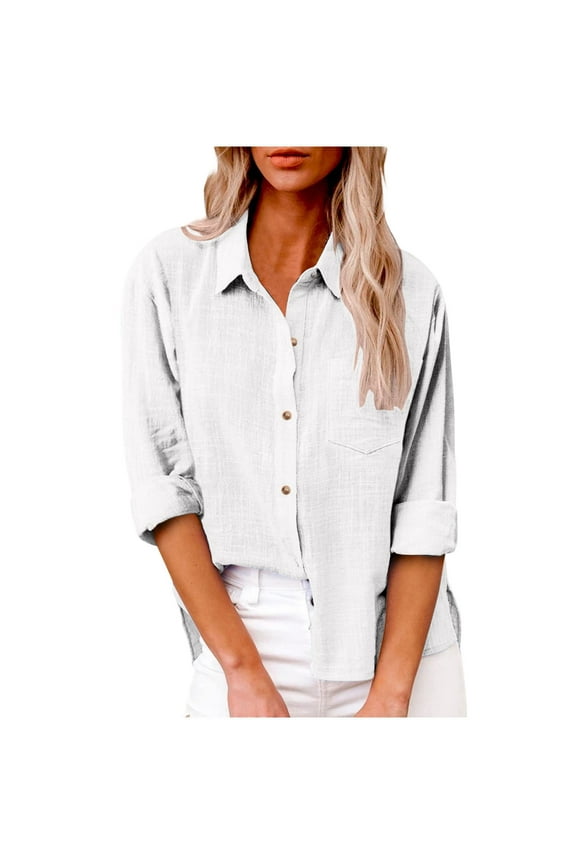 Plus Size Cotton Linen Tops Button Down Shirts for women Roll up Long Sleeve Casual Summer Fall Cardigan Blouses lapel Collared Button Up Shirts for Women V-Neck work Tunic Tops With Pockets