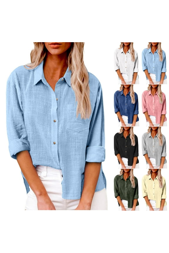 Plus Size Cotton Linen Tops Button Down Shirts for women Roll up Long Sleeve Casual Summer Fall Cardigan Blouses lapel Collared Button Up Shirts for Women V-Neck work Tunic Tops With Pockets