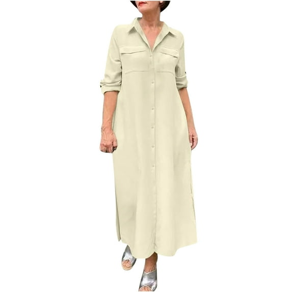 gakvbuo Button Down Shirts Maxi Dress For Women Fall Dresses For Women 2023 Women's Turndown Collar Loose And Comfortable Long Sleeve Long Dress