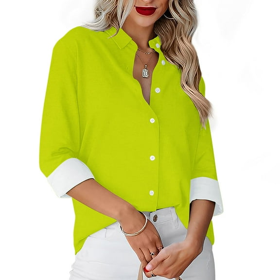 gakvbuo Buttone Down Shirts For Womens Casual Lapel Neck Top Loose Buttoned Up Long Sleeve Plaid Print Color Block Blouse