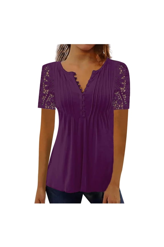 Buttons Up Summer Tops For Women V-Neck Pleated Ruffle Lace Short Sleeve Button Shirts Tunic Vest Blouses Dressy Casual Work Shirts