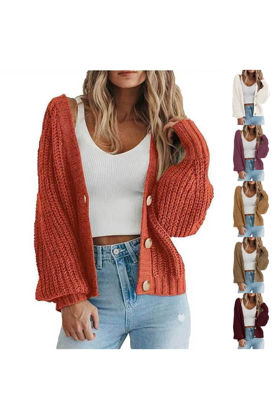 Cardigan Sweaters for Women Chunky Knit Open Front Cropped Sweater Long Sleeve V-Neck Button Down Jacket Tops Fall Sweaters Loose Short Cardigan Outerwear Coats Fall Clothes