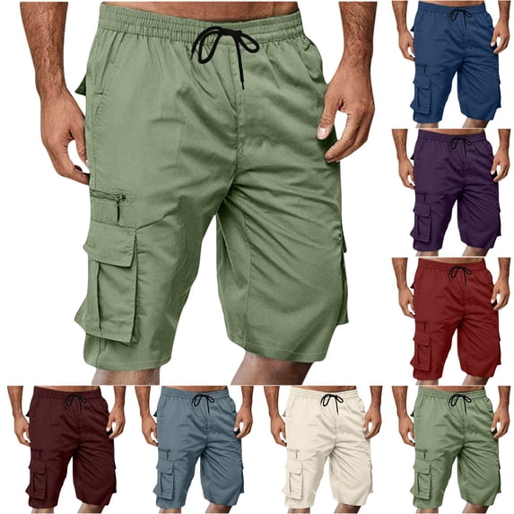 gakvbuo Cargo Shorts For Men Shorts Elastic Waist Straight Drawstring Solid Color Joggers Sweat Shorts With Multi-pocket Summer Casual Work Shorts
