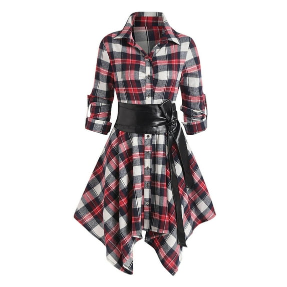 gakvbuo All Checkered Dress for Womens Plus Size Fall Dresses Plaid Tie Shirt Dress Long Sleeve Slim Turn-Down Collar Tunic Tops Asymmetrical High Low Irregular Dress