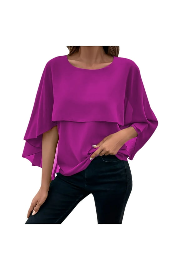 Chiffon Top For Womens Layered Summer Tops Dressy Chiffon Blouses Summer Ruffle Short Sleeve Shirts Crew Neck Casual Work Tops Loose T-Shirt Blouse