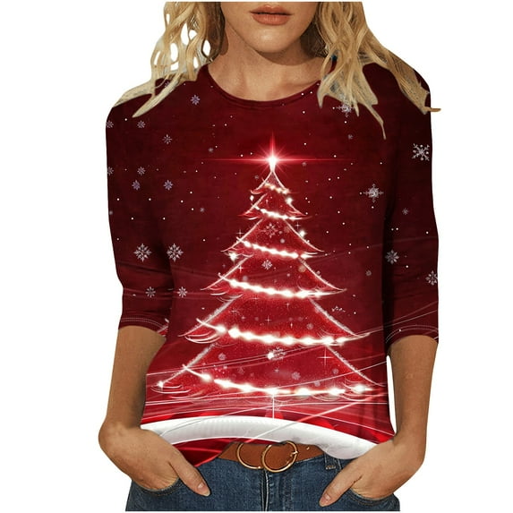 gakvbuo Christmas Sweatshirt For Women Funny Christmas 3/4 Sleeve Work Business Blouse Tunic Tops Crewneck Sports TShirts Pullover Sweatshirt For Women Gifts for Christmas