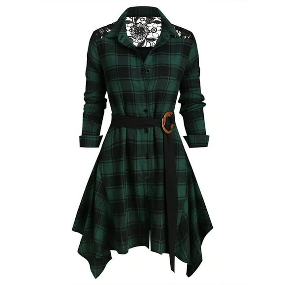gakvbuo Checkered Dress for Womens Plus Size Fall Dresses Plaid Tie Shirt Dress Long Sleeve Slim Turn-Down Collar Tunic Tops Asymmetrical High Low Irregular Dress