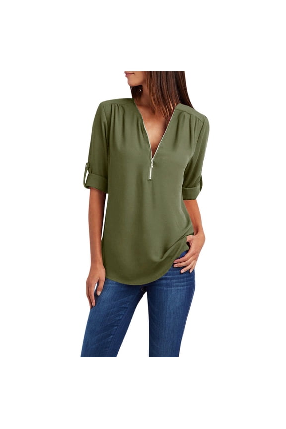 Plus Size Tunic Tops for Women Fall Clothes for Women Trendy Business Casual V Neck Chiffon Blouse Half Zip Up Shirts 3/4 Roll Sleeve Tops Work Tops