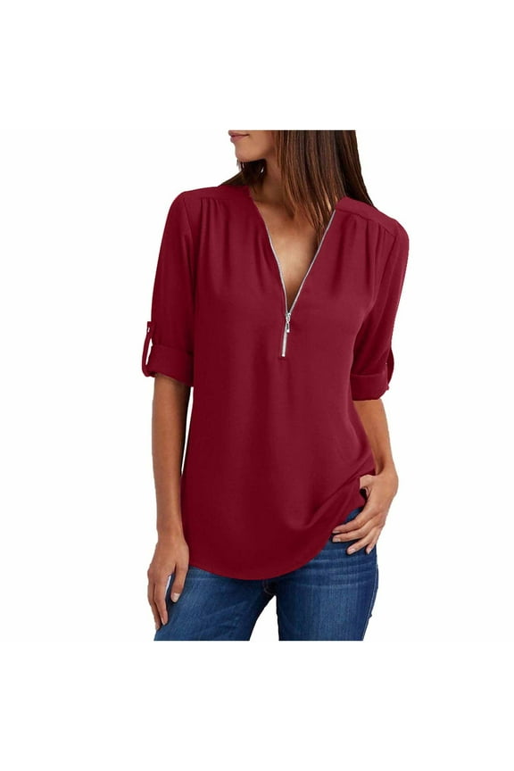 Plus Size Tunic Tops for Women Fall Clothes for Women Trendy Business Casual V Neck Chiffon Blouse Half Zip Up Shirts 3/4 Roll Sleeve Tops Work Tops