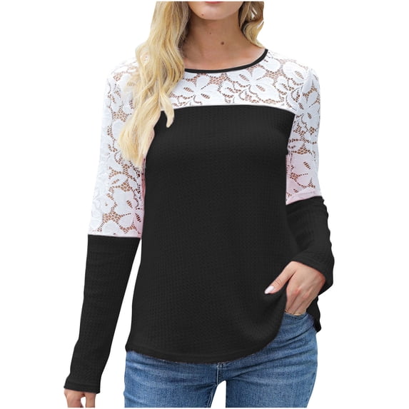gakvbuo Sweaters For Women Fall Fashion 2022 Pullover Sweatshirts Tunic T-Shirts Womens Round Neck Solid Color Patchwork Lace Top Long Sleeve Long Sleeve Round Neck Top/Shirt