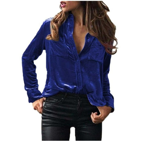 gakvbuo Velvet Tunic Tops For Women Dressy Tops Vintage Long Sleeve Tunic Tees Casual Button Down Pocket V Neck T Shirt Solid Color Soft Blouse