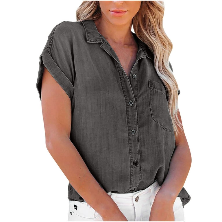 gakvbuo Clearance Items All 2022!Fall Clothes For Women 2022 Trendy  Business Casual Plus Size Tops For WomenWomens Tops Solid Color Lapel  Casual Short-Sleeved Denim Shirt Loose Tops 