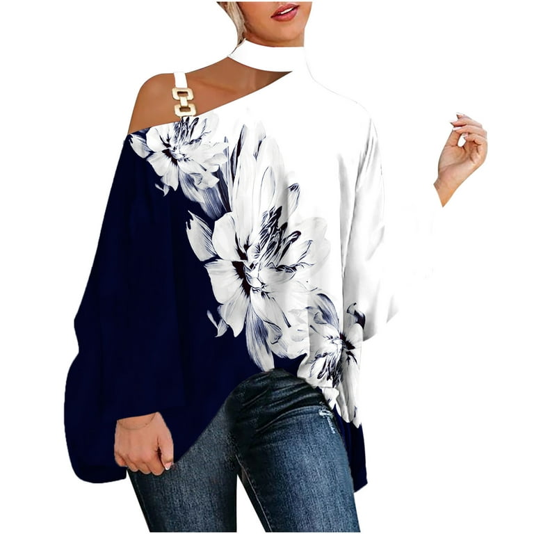 gakvbuo Clearance Items All 2022!Off Shoulder Tops For Women Sexy Casual  Plus Size Shirts For Women Half Batwing Sleeve Metal Strap Blouse Printed  And