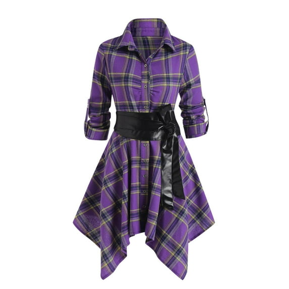 gakvbuo All Checkered Dress for Womens Plus Size Fall Dresses Plaid Tie Shirt Dress Long Sleeve Slim Turn-Down Collar Tunic Tops Asymmetrical High Low Irregular Dress