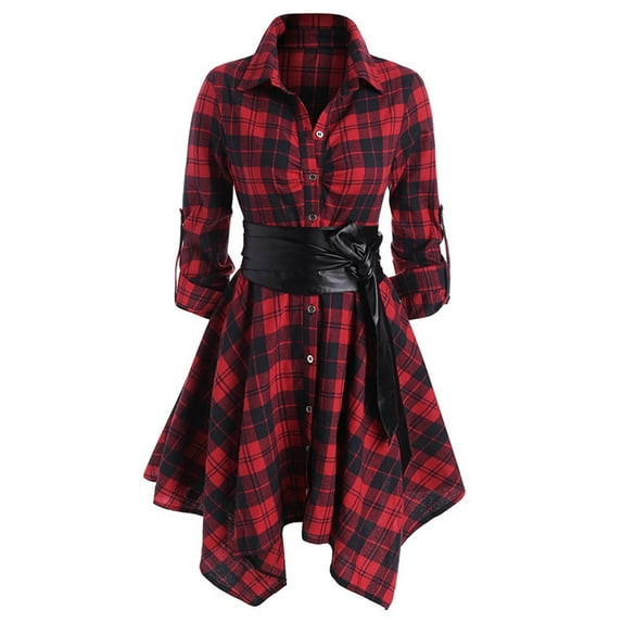 gakvbuo All Checkered Dress for Womens Plus Size Fall Dresses Plaid Tie Shirt Dress Long Sleeve Slim Turn-Down Collar Tunic Tops Asymmetrical High Low Irregular Dress