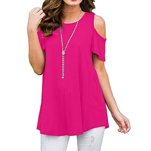 gakvbuo Cold Shoulder Shirt Summer Tops For Women Loose Fit Dressy Swing Round Neck Short Sleeve T-Shirts Plus Size Tunic Tops For Leggings