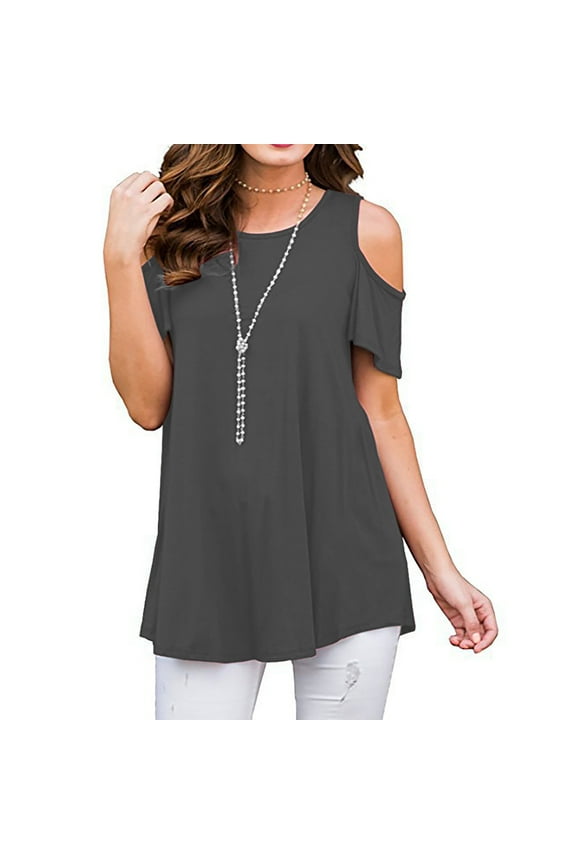 Cold Shoulder Shirt Summer Tops For Women Loose Fit Dressy Swing Round Neck Short Sleeve T-Shirts Plus Size Tunic Tops For Leggings