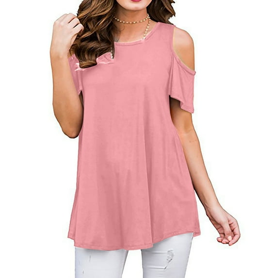gakvbuo Cold Shoulder Shirt Summer Tops For Women Loose Fit Dressy Swing Round Neck Short Sleeve T-Shirts Plus Size Tunic Tops For Leggings
