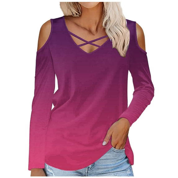 gakvbuo Cold Shoulder Shirts For Women 2023 Trendy V Neck Criss Cross Sweatshirt Long Sleeve Blouse Tunic Tops Basic Tee